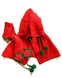 BloomingDays ニット帽子 ベビー キッズ ニット帽 ケープ お花 マフラー 手袋 あたたか 3点 セット ボンボン 付き ポンチョ (赤)