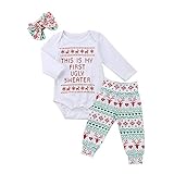 ベビー ガールズ ボーイズ クリスマス服 ロングスリーブ ロンパース+パンツ+ヘッドバンド 3本の衣装セット (100cm, レッドとグリーン)