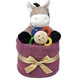 グランパパ ギフトセット おもちゃケーキ ご出産祝い ケーブル編みブランケットとベビーぬいぐるみ・はじめての木のおもちゃのケーキ (ろばのぬいぐるみ)