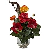 Nearly Natural 1287 Hibiscus and Ranunculus with Fluted Bowl Silk Flower Arrangement, Red [並行輸入品]