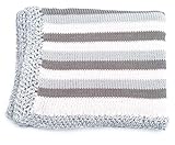 ニットHand Crochet Finishedホワイトコットンブルーグレーストライプベビーブランケット