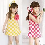 即納格安夏子供ワンピキッズワンピース ノースリーブ　チェック柄　別リボン付き100cm 110cm 120cm 130cm 140cm yellow,90cm