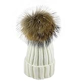 [モノジー] MONOZY キッズ ベビー ファー 付き 子供 ニット帽 選べる6色 ボンボン ニットキャップ 男女 兼用 秋 冬 帽子 (03) ホワイト)