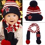 【Anjelly】 ベビー ＆ キッズ 用 ニット帽 & ロングマフラー セット かわいい ボーダー・スター おまけ付 選べる5色 (レッド)