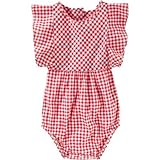 OSHKOSH(オシュコシュ) ラッフルスリーブギンガムボディスーツ レッド ロンパース半袖 9ヶ月【並行輸入】