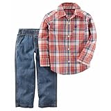 カーターズ carter's 男の子用レンガx青マドラスチェック犬刺繍入り襟付きシャツxデニムコーデパンツ上下2点セット (18months(78-83cm)) [並行輸入品]