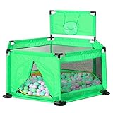 洗える ソフト ベビーサークル 軽量 倒れにくい 安全設計 ファスナー 扉 簡単組み立て ＜簡単に組み立て!＞ 収納 六角形 誕生日プレゼント【5色】 (Green/with basket)