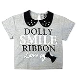 (グレー/95cm)ベビー服 女の子 Tシャツ 半袖 Dolly Ribbon ドーリーリボン 丸襟付き ラインストーン装飾 リボン装飾 ラメプリント 襟後ボタン付き ロゴプリント 女児 ベビー