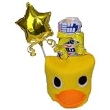 おむつケーキ　出産祝いメリーズM小型2段オムツケーキ　バルーン付黄男女共用アヒルのスタイとミニタオル付