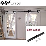 WinSoonクラシックバーンスタイルダブルドア家具ブラックフラットメタルHorseshoeハンガースライド木製ドアハードウェアトラックローラーキットwith Safeソフト閉じるシステム 8FT G
