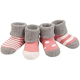 4ペア　赤ちゃん着　冬着靴下　ウォーマー　暖かい　厚い　テリーコットンストライプドットソックス　水ピンク　ｘｓサイズ