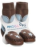 COWBOY BABY MOCCASINS-MOCC ONS LEATHER SOLED SHOES/SLIPPERS - blue/brown (18-24 mths)