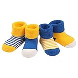 4ペア　赤ちゃん着　冬着靴下　ウォーマー　暖かい　厚い　テリーコットンストライプドットソックス　黄色い＋ブルー　ｓサイズ
