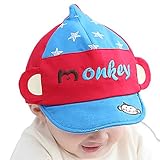 【SEBLES】ベビー 赤ちゃん 帽子 キャップ 猿 モンキー カラフル 耳 日差し UV 45-50cm 0歳 1歳 ロゴ ユニセックス 男の子 女の子(レッド×ライトブルー)