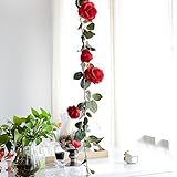 Pursue 人工シルクハンギングローズガーランドのつる花の花の後ろブラケットの家庭の庭の壁のウェディングの装飾、1束 (赤)