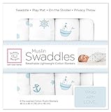 SwaddleDesigns Cotton Muslin Swaddle Blankets, Set of 4, Pastel Blue Ships Ahoy!