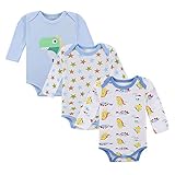 Mother nest 長袖ボディースーツ ロンパース 赤ちゃん 100％コットン かわいい 0-1歳用 3枚セット 出産祝い (M, ブルー)