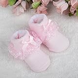PUERI ベビー ソックス　赤ちゃん　靴下　新生児 コットン　蝶結び　レース付き　プリンセス 女の子　可愛い (ピンク)
