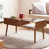 【引出しも全てがお洒落 クロスオーバー センターテーブル】80×43cm スタイリッシュ ディスプレイテーブル 木目調 強化ガラス 収納付き 北欧スタイル (Bタイプ・ブラウン色)
