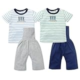 (ブルー/95cm) ベビー服 男の子 パジャマ 半袖 上下組 コットン100％ ロゴプリント ボーダー柄 腹巻付き 後ろマチ 男児 ベビー