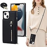 BonwFzin 適用 iPhone 15 Plus ケース 手帳型 ショルダー 背面 フリップ 紐付き クロスボディ スマホケース アイフォン 15 プラス 手帳型カバー アイホン 15Plus 携帯カバー RFID防止 肩がけ 首掛け 斜め掛け ひも付き 小銭入れ ファスナー型 ストラップホール付き スタンド 背面収納 カード収納 カード入れ ブラック