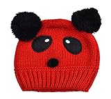 Plus Nao(プラスナオ) 子供用 帽子 ニット帽 ビーニー ニットキャップ パンダデザイン ボンボン付き 赤ちゃん ベビー キッズ 男の子 女の子 - レッド