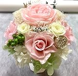 ピンクとアイボリーイエローのアレンジ　プリザーブドフラワー（薔薇・他）　Lサイズのクリアケース入り☆　芦屋セレブ御用達の店