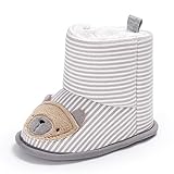 男の子クマ付きブーツ　ボーイズシューズ　新生児綿入れの防寒靴　キッズ子供赤ちゃん　結婚式誕生日プレゼント記念写真　綿　白い/ホワイトストライプ　12cm　6-12ヶ月に対応靴　冬秋春