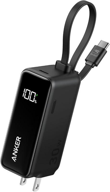 Anker Power Bank (30W, Fusion, Built-In USB-C ケーブル) (5000mAh 22.5W出力モバイルバッテリー搭載 30W出力USB充電器) / LEDディスプレイ搭載/USB-Cケーブル一体型/コンセント一体型/折りたたみ式プラグ 1台3役 / iPhone 16 / 15 Android iPad その他各種機器対応 (ブラック)