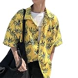 [リングルー] ハワイシャツ メンズ アロハシャツ 葉 プリント 半袖 トップス カジュアル シャツ 大きいサイズ ファッション リゾート ビーチ 通気 速乾 超軽量 UV対策 紫外線対策 イエロー XL