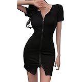 Coco Yuka 胸元 セクシー フレア ワンピース 七分袖 かわいい チャック レディース ブラック L カジュアルワンピース 通販