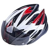 自転車サイクリングヘルメット 超軽量通気バイクヘルメットバイク用スポーツタイプ 大人やこども用 安全 軽量 高剛性 サイズ調整可能 テールランプLEDライトとフロントバイザー付き　レッド&ホワイト