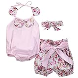SCFLIFE 3本の赤ちゃん新生児Kwaiiノースリーブの花の弓のボディースーツヘッドバンドサマーキッズ 服 (70cm(0-6M), ピンク)