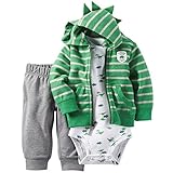 カーターズ ロンパース carter's 男の子用緑xグレーボーダー恐竜ワッペンx骨板フード付きパイル地ジャケットお出かけ用上下3点セット (9months(67-72cm)) [並行輸入品]
