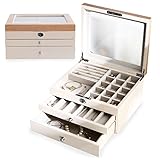 LOWYA （ロウヤ） アクセサリーボックス 収納 鍵付き 木目調 ベルベット生地 3段 アクセサリー収納 ジュエリーボックス おしゃれ ホワイト 新生活