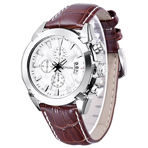 SONGDU メンズ腕時計 ホワイト文字盤 多針アナログ 日付表示 ブラウン本革バンド おしゃれ クォーツウォッチ [並行輸入品]