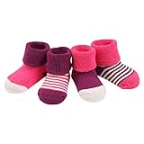 4ペア　赤ちゃん着　冬着靴下　ウォーマー　暖かい　厚い　テリーコットンストライプドットソックス　ピンク＋紫　ｓサイズ