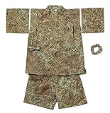 【ROSELLA】 甚平（シュシュ付） 茶水 子供 男の子用 個性的 綿100生地 じんべい 茶色 水玉 (90)