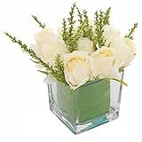 MyGift アーティフィシャルローズ アイボリー 四角いガラス花器入り 造花 アレンジメント
