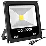 Warmoon Outdoor LED Flood Light, 20W Daylight White 6500K Waterproof Security Lights with US 3-Plug 