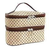 MCVILLA 化粧ポーチ バニティーケース 大容量 収納ケース コスメポーチ 2層式 鏡付 小物入れ ドット柄 (ベージュ)