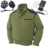 空調服 空調風神服 2017年新商品 肩パット付長袖ブルゾン 綿100%(2017年最新型/日本製/リチウムイオンバッテリー/新型ファン)≪099‐KU93504≫ (L, 47-ディープグリーン)