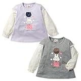 (パープル/95cm)子供服 女の子 Tシャツ 長袖 重ね着風 ドット柄 レース装飾 アニマルプリント 女児 ベビー