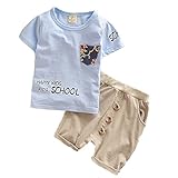 【SEBLES】ベビー 赤ちゃん 男の子 半袖 ラウンドネック プリント 無地 ポケット Tシャツ クール ズボン ボトムス パンツ セット ツーピース コットン 綿(ブルー,80cm)