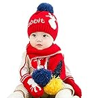 baby-mine（ベイビーマイン) ベビー&キッズ ニット帽 マフラー 手袋 あったか３点セット うさぎちゃん&ポンポン お誕生日プレゼント 御出産祝い (レッド)