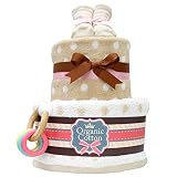 出産祝いに オーガニック 2段 おむつケーキ 名入れ刺繍可能 (S, ピンク)