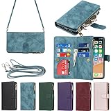 Eastwave アイフォンfor iPhone X/XS ケース for iPhoneXS for iPhoneX 縄掛けケース 手帳型 財布型 ICカード コインポケット ストラップ付き カード 収納 小銭入れ ファスナーポケット付き PUレザー 6色 ブルー