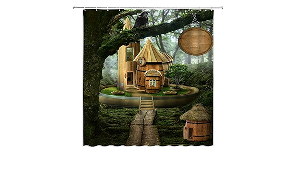 Amazon ファンタジーフォレストシャワーカーテンマジックフェアリーツリーハウスプラントトロピカルジャングルグリーンメドー自然春エデンガーデン子供漫画バスルームデコレーションポリエステル生地フック付き70 X 70インチ 0x180 Cm シャワーカーテン ホーム