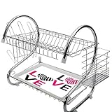 ステンレス製食器棚2段、キッチン用食器棚ドレーナーラックホルダードレンラック食器乾燥ラックピンクゼブラ、私はあなたを愛して書道ゼブラストライプハートバレンタインイラスト、ピンク黒と白ステンレス製食器棚キッチンドライドリップトレイカトラリーラ