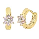 18k Gold Plated Small Hoop Huggie Flower Pink Crystal Baby Girls Earrings [並行輸入品]